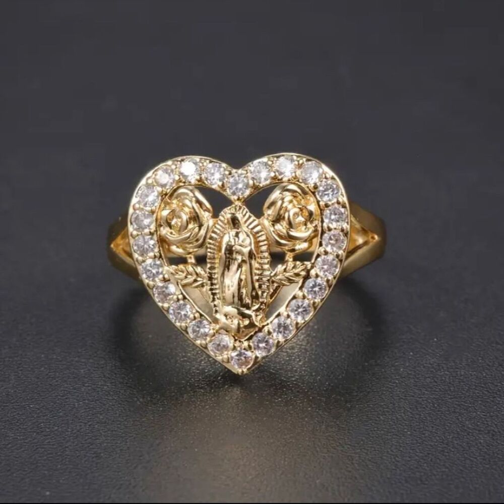 Gold Plated Virgin Mary Heart Ring Cubic Zirconia Adjustable Statement Jewelry